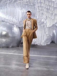 SHEIN Unity High Waist Plicated Slit Hem Pants - Apricot - View 5