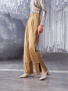SHEIN Unity High Waist Plicated Slit Hem Pants - Apricot - View 6