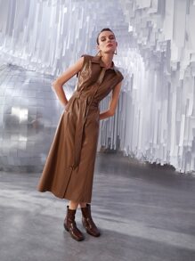 SHEIN Unity Button Front Sleeveless Belted PU Leather Dress - Coffee Brown - View 4