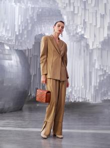 SHEIN Unity High Waist Plicated Slit Hem Pants - Apricot - View 7