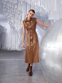 SHEIN Unity Button Front Sleeveless Belted PU Leather Dress - Coffee Brown - View 5