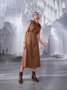SHEIN Unity Button Front Sleeveless Belted PU Leather Dress - Coffee Brown - View 6