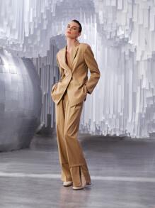 SHEIN Unity High Waist Plicated Slit Hem Pants - Apricot - View 8