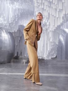 SHEIN Unity High Waist Plicated Slit Hem Pants - Apricot - View 9