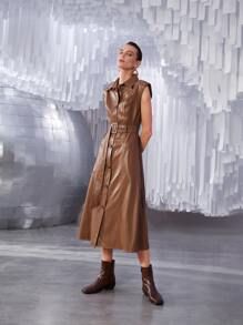 SHEIN Unity Button Front Sleeveless Belted PU Leather Dress - Coffee Brown - View 7