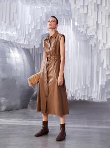 SHEIN Unity Button Front Sleeveless Belted PU Leather Dress - Coffee Brown - View 8