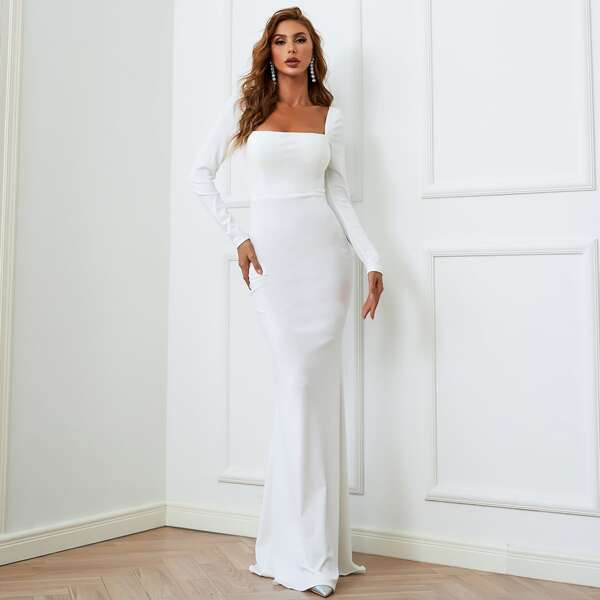 

Square Neck Open Back Mermaid Hem Dress, White