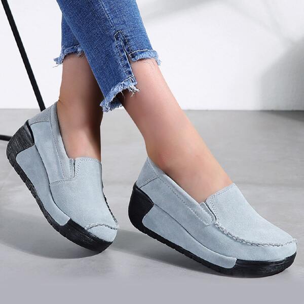 

Minimalist Slip-On Leather Wedge Shoes, Grey