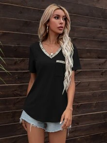 DEARCASE Contrast Sequin Pocket Patched Curved Hem Tee - Black - View 3