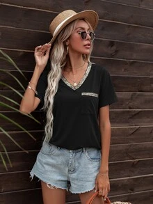 DEARCASE Contrast Sequin Pocket Patched Curved Hem Tee - Black - View 4