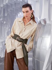 SHEIN Privé Dual Pocket Drop Shoulder PU Leather Blouse Without Belt - Apricot - View 1