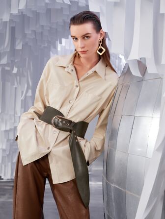 SHEIN Privé PU Leder Bluse mit Zwei Taschen, Drop Shoulder ohne Gürtel