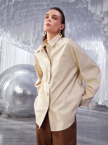 SHEIN Privé Dual Pocket Drop Shoulder PU Leather Blouse Without Belt - Apricot - View 3