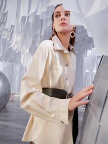 SHEIN Privé Dual Pocket Drop Shoulder PU Leather Blouse Without Belt - Apricot - View 4