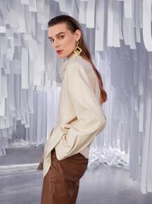 SHEIN Privé Dual Pocket Drop Shoulder PU Leather Blouse Without Belt - Apricot - View 5