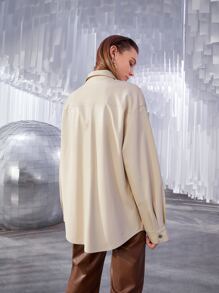 SHEIN Privé Dual Pocket Drop Shoulder PU Leather Blouse Without Belt - Apricot - View 6