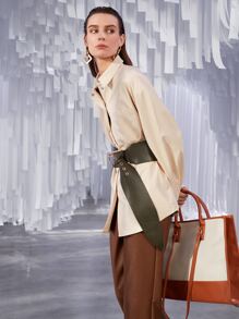 SHEIN Privé Dual Pocket Drop Shoulder PU Leather Blouse Without Belt - Apricot - View 7