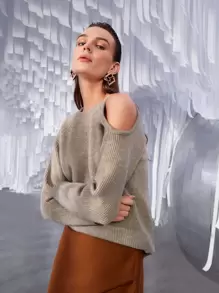 SHEIN Jersey de hombros descubiertos tejido de canalé - Caqui - Ver 1