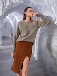 SHEIN Jersey de hombros descubiertos tejido de canalé - Caqui - Ver 5