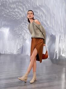 SHEIN Jersey de hombros descubiertos tejido de canalé - Caqui - Ver 6
