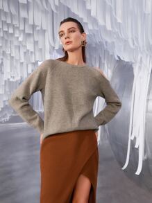 SHEIN Jersey de hombros descubiertos tejido de canalé - Caqui - Ver 7