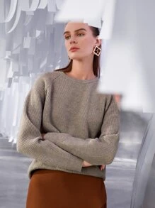 SHEIN Jersey de hombros descubiertos tejido de canalé - Caqui - Ver 8