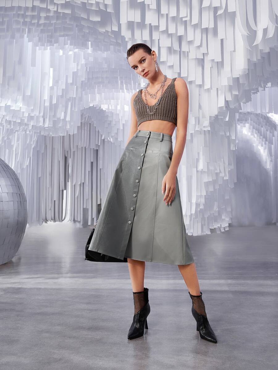 SHEIN Unity 雙色單排釦PU皮革半身裙