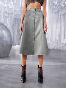 SHEIN Unity 雙色單排釦PU皮革半身裙