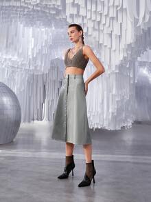 SHEIN Unity 雙色單排釦PU皮革半身裙