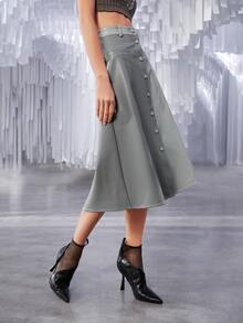 SHEIN Unity 雙色單排釦PU皮革半身裙