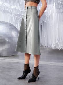 SHEIN Unity 雙色單排釦PU皮革半身裙