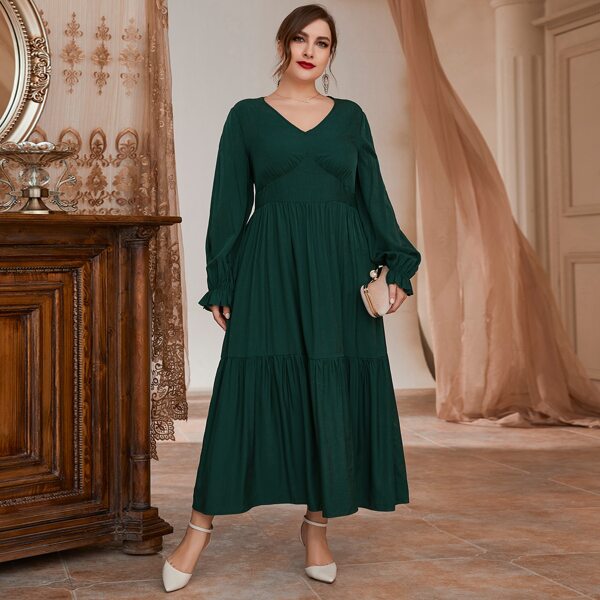 

Plus Flounce Sleeve Ruffle Hem Dress, Dark green