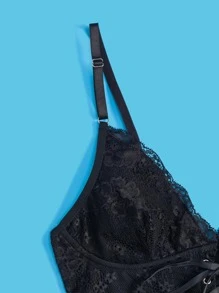 ROMWE Goth Floral Lace Lace-up Front Bralette - Black - View 3