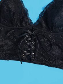 ROMWE Goth Floral Lace Lace-up Front Bralette - Black - View 5
