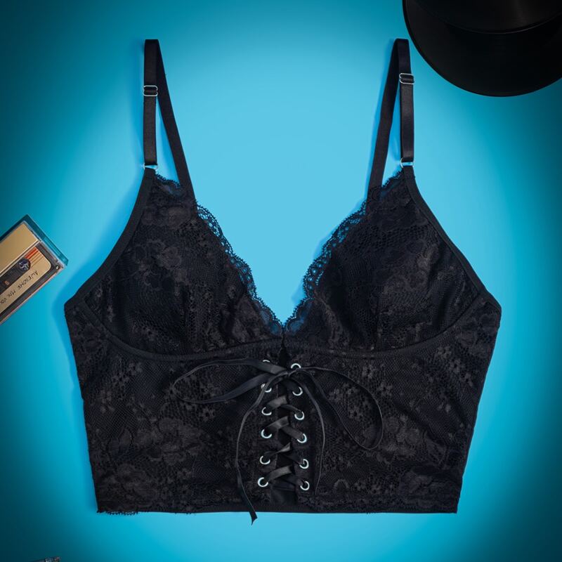 

Floral Lace Lace-up Front Bralette, Black