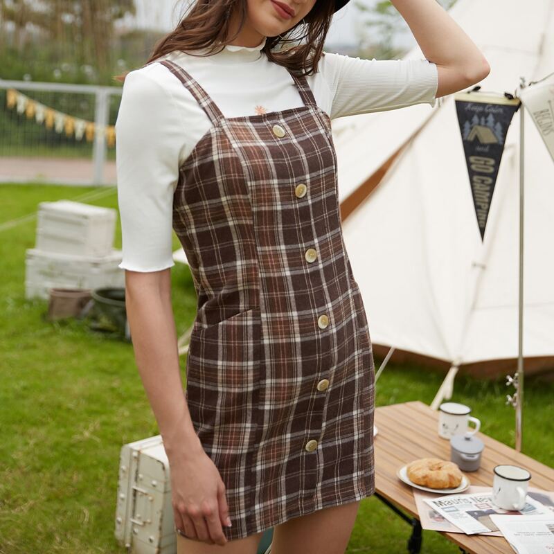 

Plaid Button Cami Dress, Multicolor