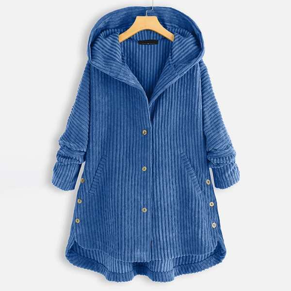 

Plus Corduroy Single Breasted High Low Hem Hooded Coat, Blue