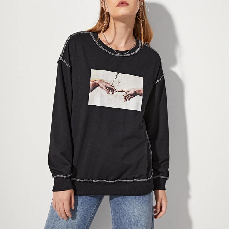 

Stitching Trim Hand Graphic Sweatshirt, Black