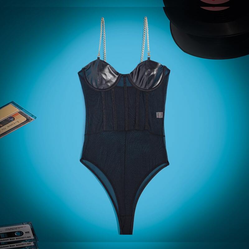 

Chain Strap Sheer Mesh Teddy Bodysuit, Black