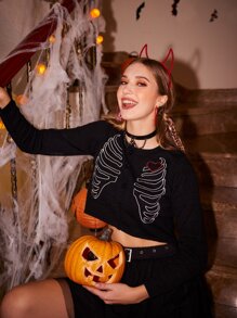 ROMWE Halloween Skeleton & Heart Graphic Crop Cardigan - Black - View 1