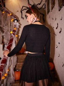 ROMWE Halloween Skeleton & Heart Graphic Crop Cardigan - Black - View 2