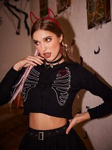 ROMWE Halloween Skeleton & Heart Graphic Crop Cardigan - Black - View 4