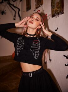 ROMWE Halloween Skeleton & Heart Graphic Crop Cardigan - Black - View 5