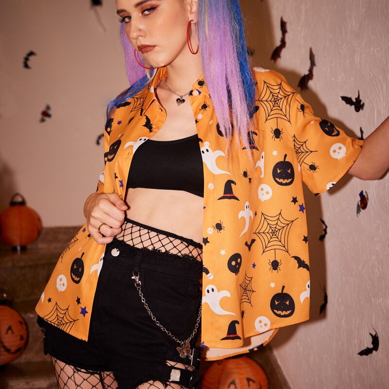 

Halloween Print Button Front Blouse, Orange