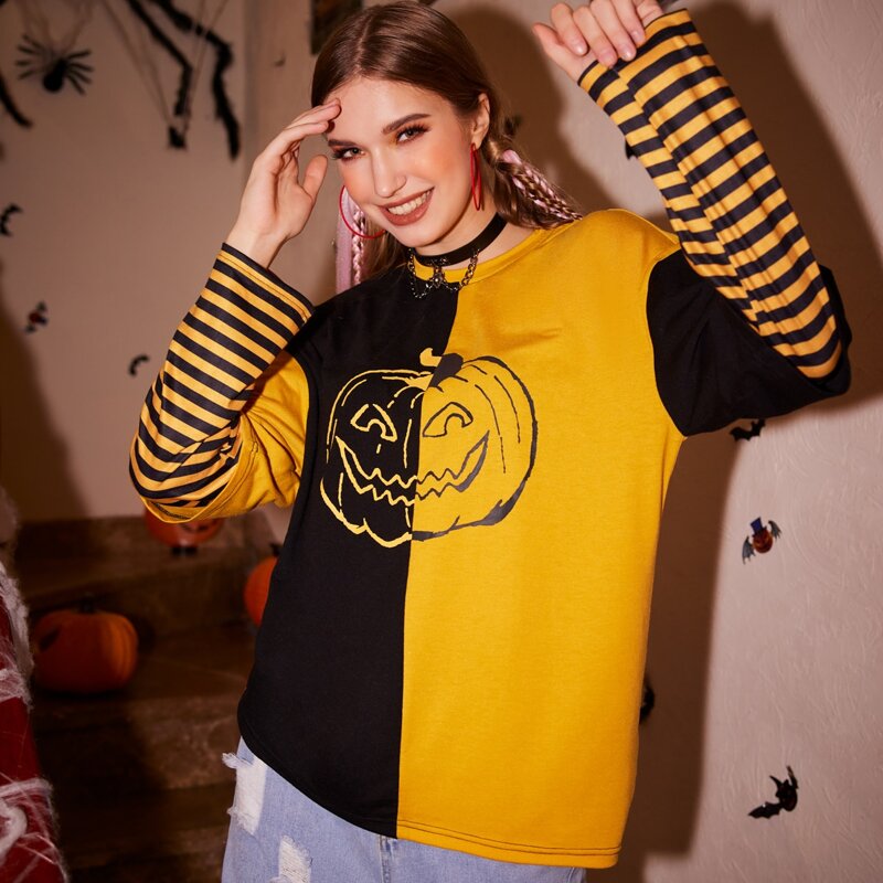 

Striped Sleeve Halloween Graphic Tee, Multicolor