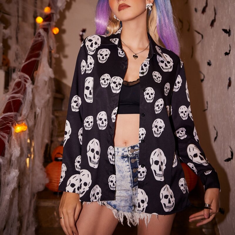

Skull Print Button Front Blouse, Black