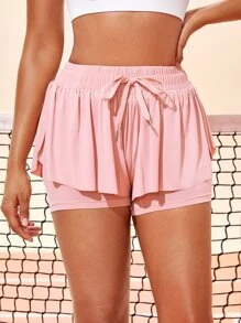 Tennis Basic 柔軟腰部抽繩假兩件運動短褲 - 淺粉色 - 查看 4