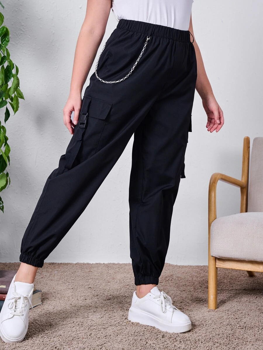 Pantalones cargo unicolor con estampado de cadena - Negro - Ver 1