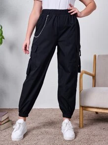 Pantalones cargo unicolor con estampado de cadena - Negro - Ver 3