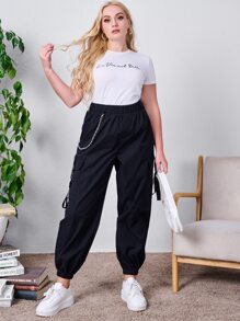 Pantalones cargo unicolor con estampado de cadena - Negro - Ver 4